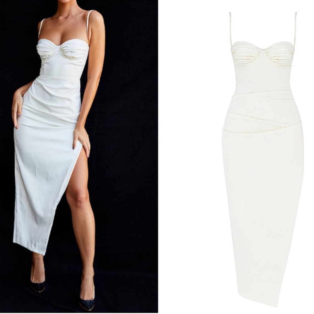 HOUSE OF CB Flora Gown Size Small White Off White Dutch Satin Side Slit - Picture 2 of 10
